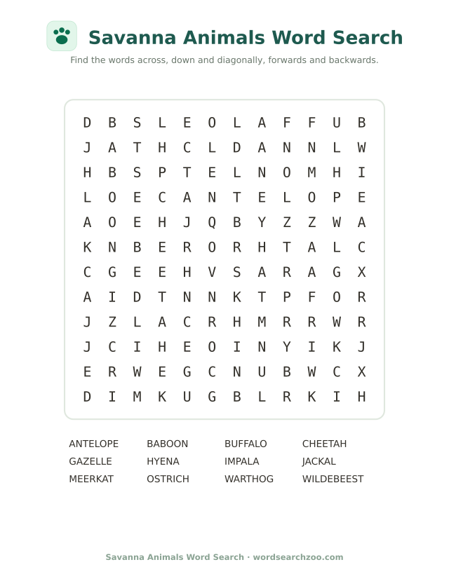 Savanna animals word search to print, a 12x12 grid with wildebeest, meerkat and warthog