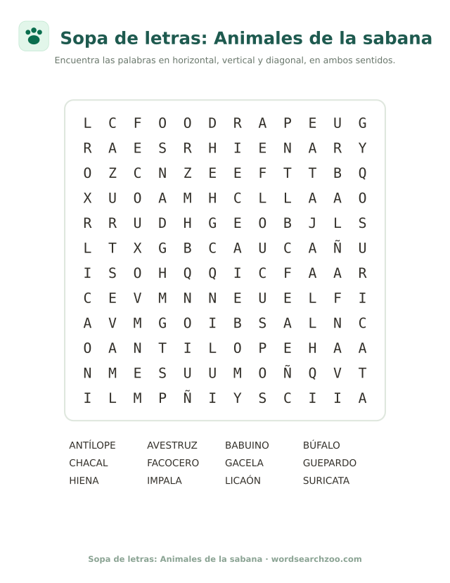 Sopa de letras de animales de la sabana, tablero de 12x12 con suricata, facocero y guepardo