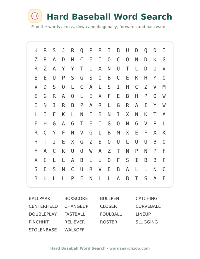 Hard baseball word search, a 15x15 printable grid
