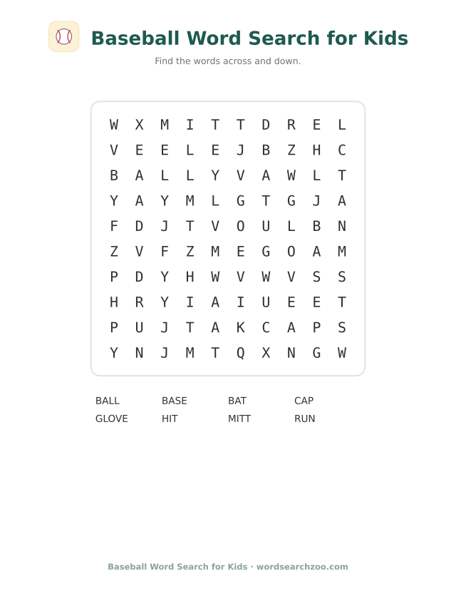 Baseball word search for kids, a 10x10 printable grid