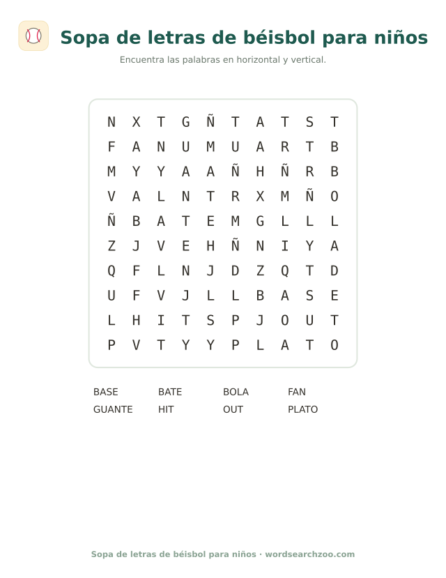 Sopa de letras de béisbol para niños, tablero de 10x10