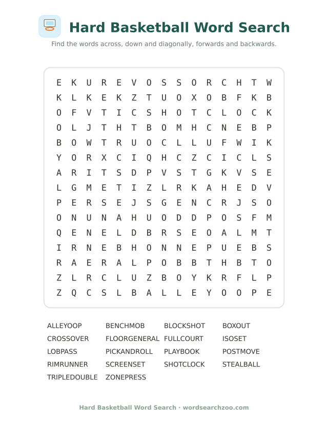 Hard basketball word search, a 15x15 printable grid