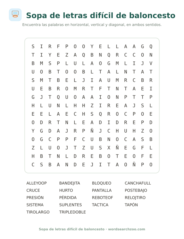 Sopa de letras difícil de baloncesto, tablero de 15x15