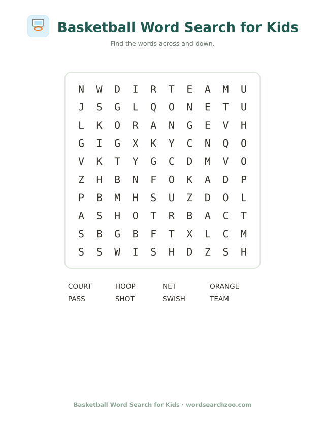 Basketball word search for kids, a 10x10 printable grid