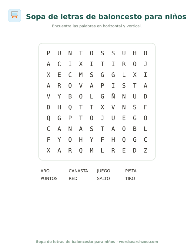 Sopa de letras de baloncesto para niños, tablero de 10x10