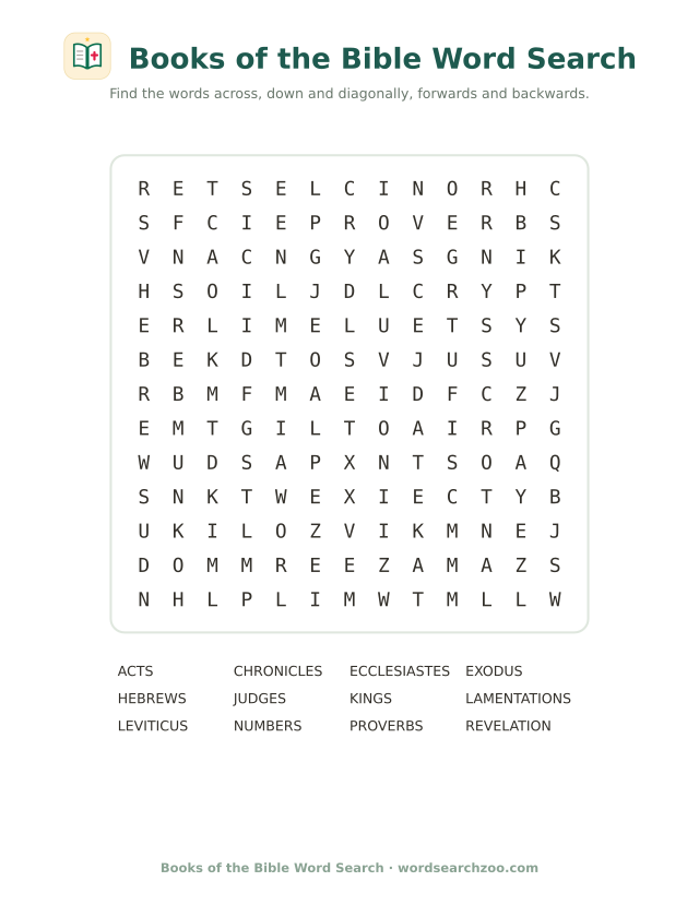 Books of the Bible word search to print, a 13x13 grid with Leviticus, Ecclesiastes and Revelation