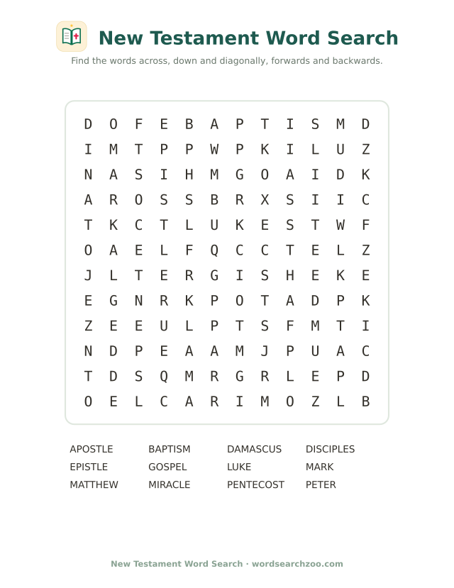 New Testament word search to print, a 12x12 grid with apostle, Pentecost, epistle and Damascus