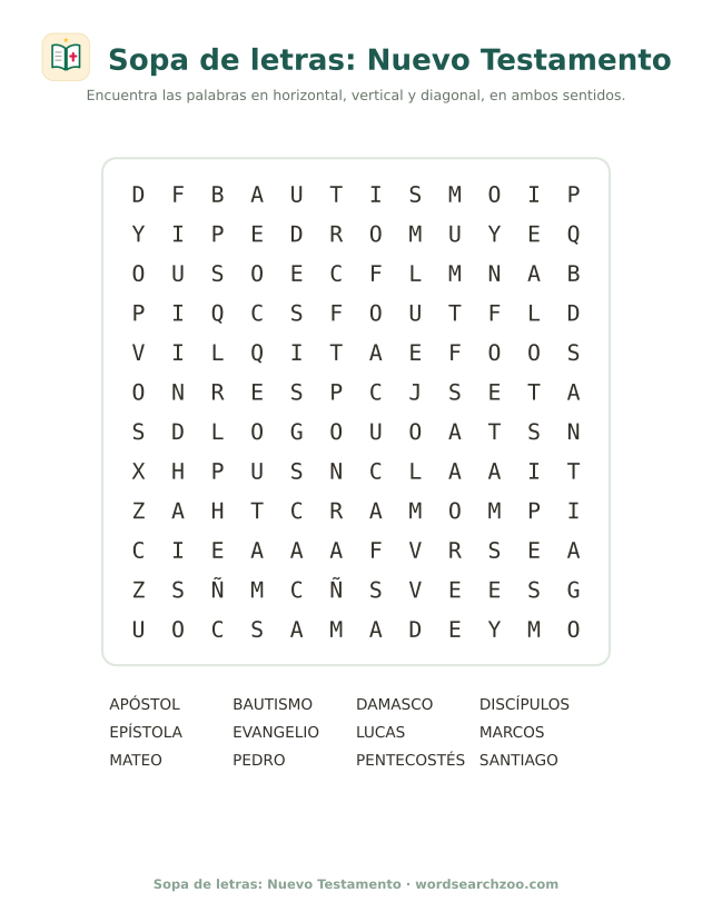 Sopa de letras del Nuevo Testamento, tablero de 12x12 con apóstol, Pentecostés y Damasco