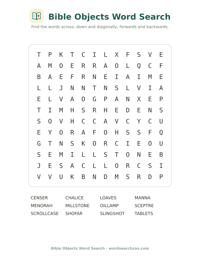 Bible objects word search to print, a 12x12 grid with menorah, chalice, shofar and manna
