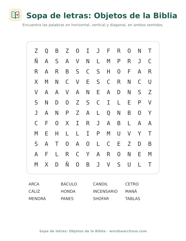 Sopa de letras de objetos de la Biblia, tablero de 12x12 con menorá, cáliz, shofar y maná