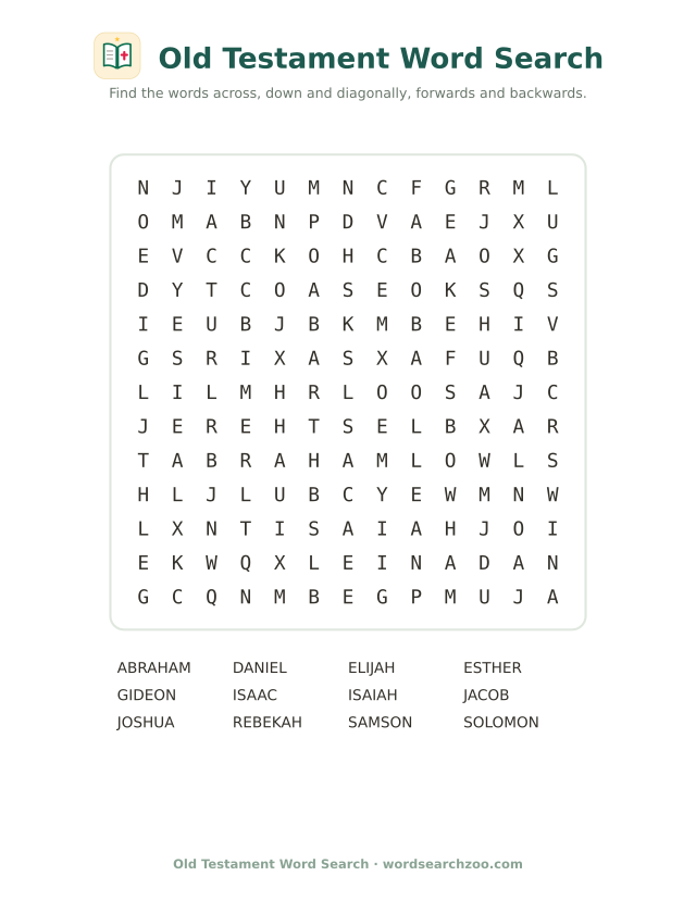 Old Testament word search to print, a 13x13 grid with Abraham, Samson, Gideon and Esther