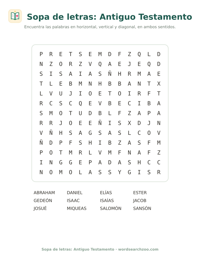 Sopa de letras del Antiguo Testamento, tablero de 13x13 con Abraham, Sansón, Gedeón y Ester