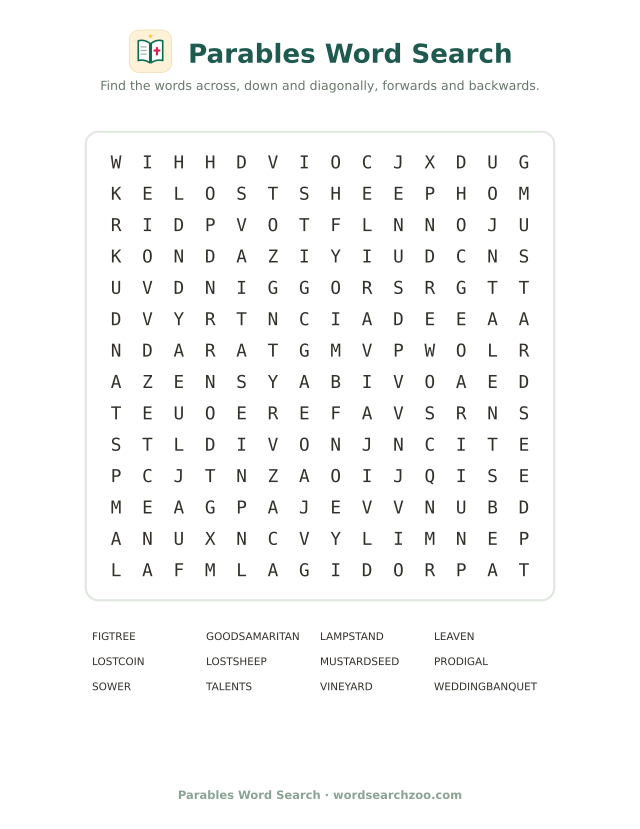 Parables word search to print, a 14x14 grid with the good Samaritan, the sower and the lost coin