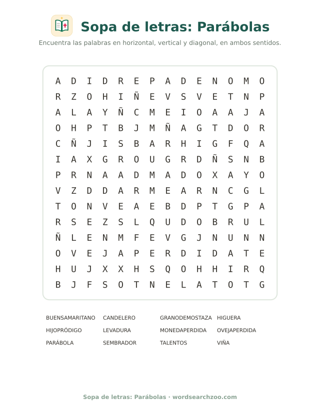 Sopa de letras de parábolas, tablero de 14x14 con el buen samaritano, el sembrador y la viña