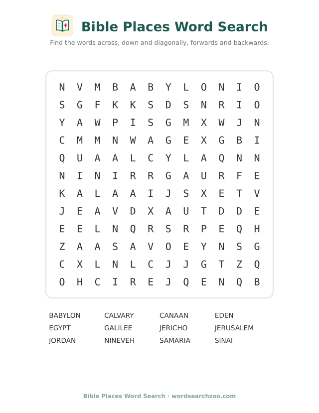 Bible places word search to print, a 12x12 grid with Jerusalem, Jericho, Galilee and Sinai