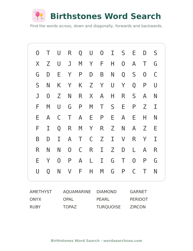 Birthstones word search to print, a 12x12 grid with garnet, amethyst, peridot and topaz