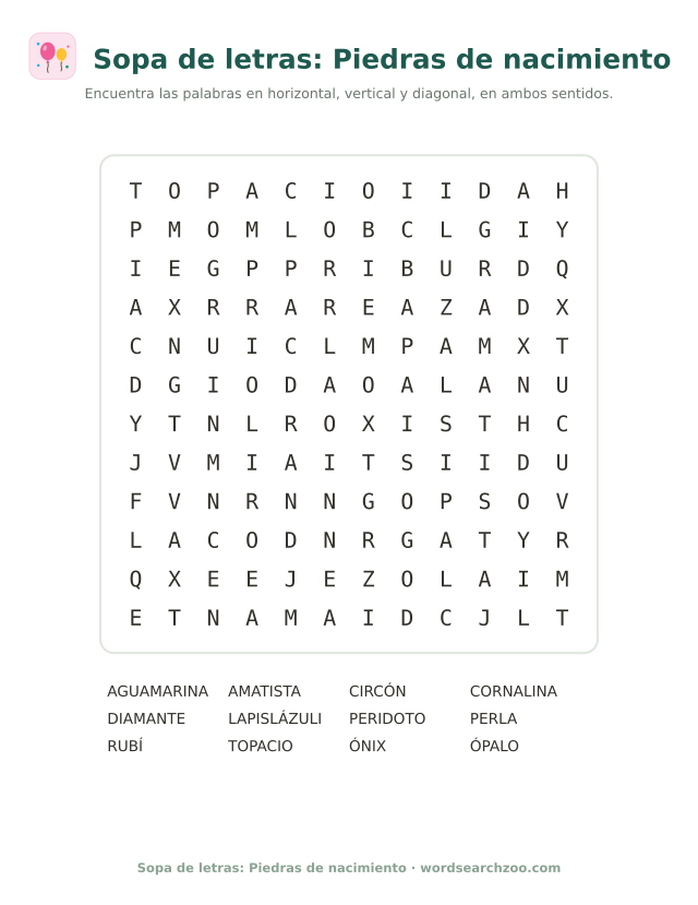 Sopa de letras de piedras de nacimiento, tablero de 12x12 con amatista, ópalo y lapislázuli