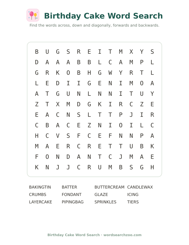 Birthday cake word search to print, a 12x12 grid with buttercream, fondant and piping bag