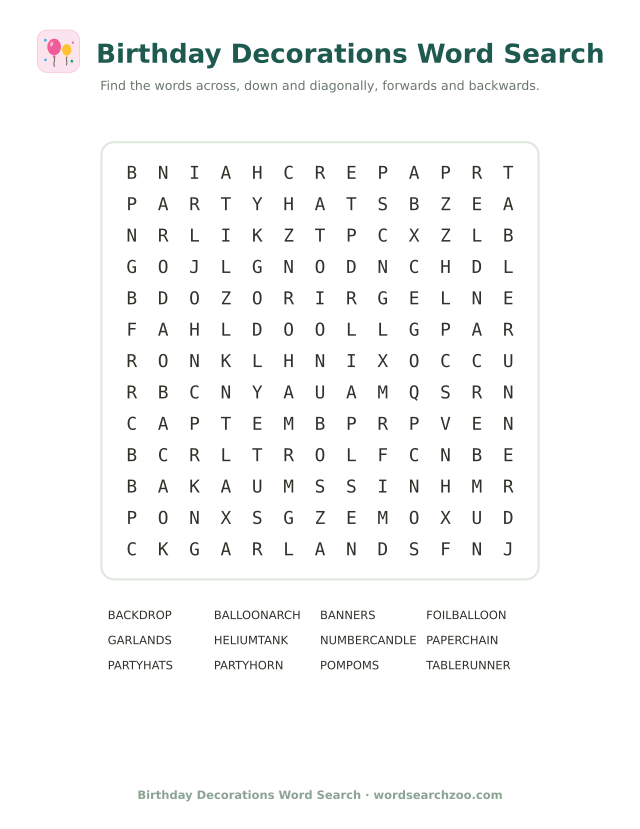 Birthday decorations word search to print, a 13x13 grid with balloon arch, foil balloon and backdrop