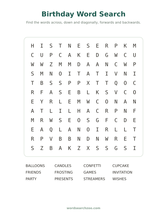 Birthday word search