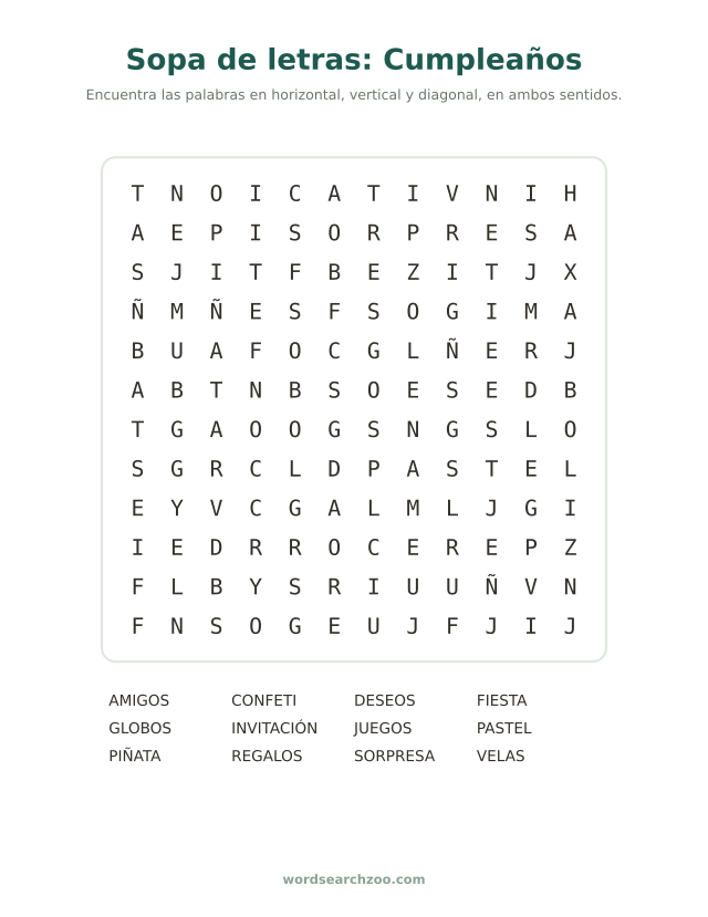 Sopa de letras de cumpleaños
