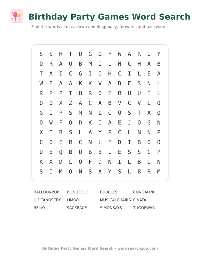 Birthday party games word search to print, a 13x13 grid with pinata, musical chairs and sack race