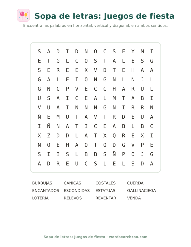 Sopa de letras de juegos de fiesta, tablero de 13x13 con gallina ciega, estatuas y canicas