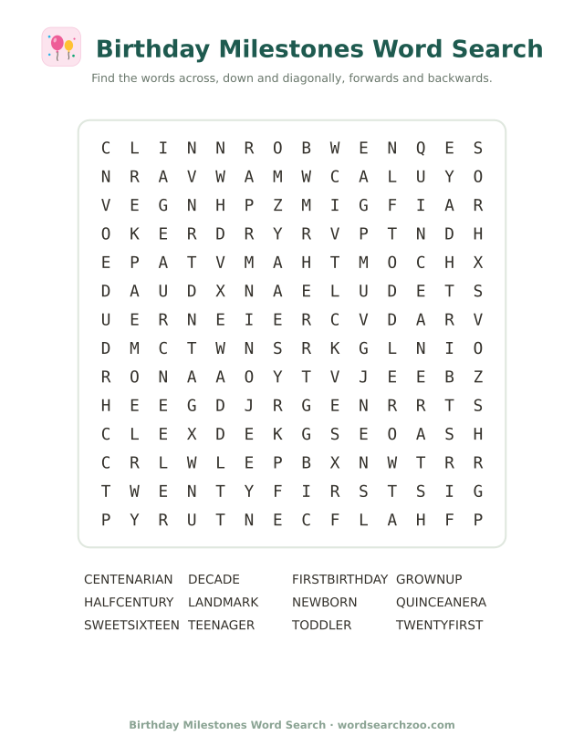 Birthday milestones word search to print, a 14x14 grid with sweet sixteen, quinceanera and centenarian