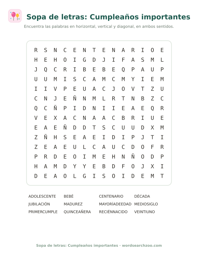 Sopa de letras de cumpleaños importantes, tablero de 14x14 con quinceañera y mayoría de edad