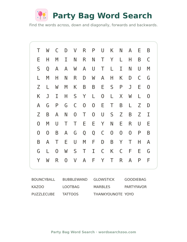 Party bag word search to print, a 13x13 grid with goodie bag, bubble wand and glow stick
