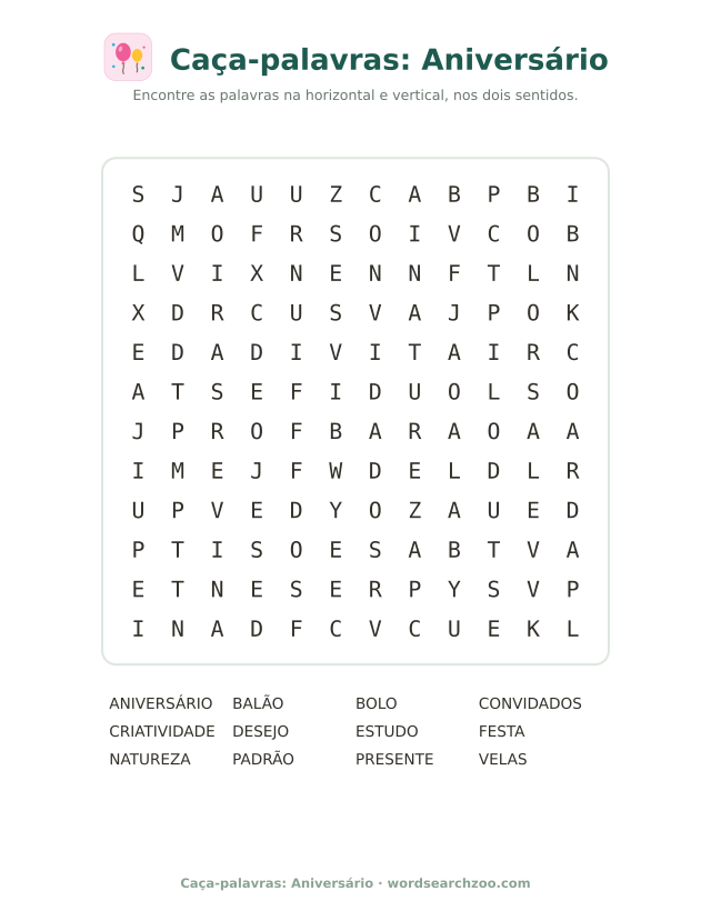 Caça-palavras: Aniversário