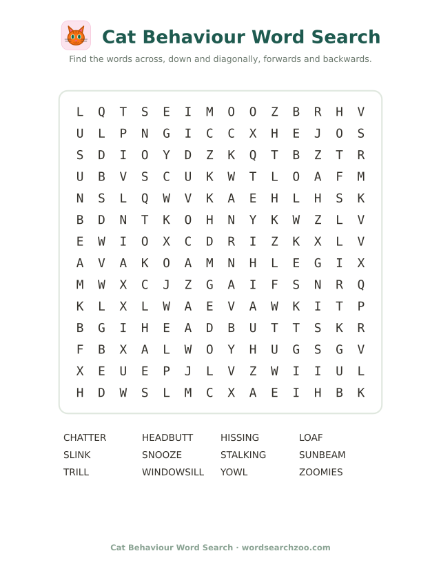 Cat behaviour word search to print, a 14x14 grid with zoomies, headbutt and chatter