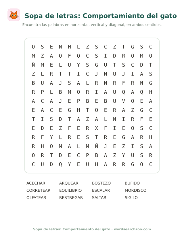 Sopa de letras del comportamiento del gato, tablero de 14x14 con bufido, acechar y equilibrio