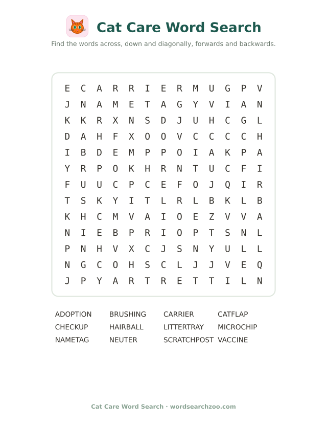 Cat care word search to print, a 13x13 grid with litter tray, microchip and vaccine