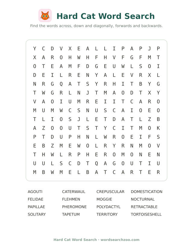 Hard cat word search to print, a 15x15 grid with crepuscular, tapetum and polydactyl