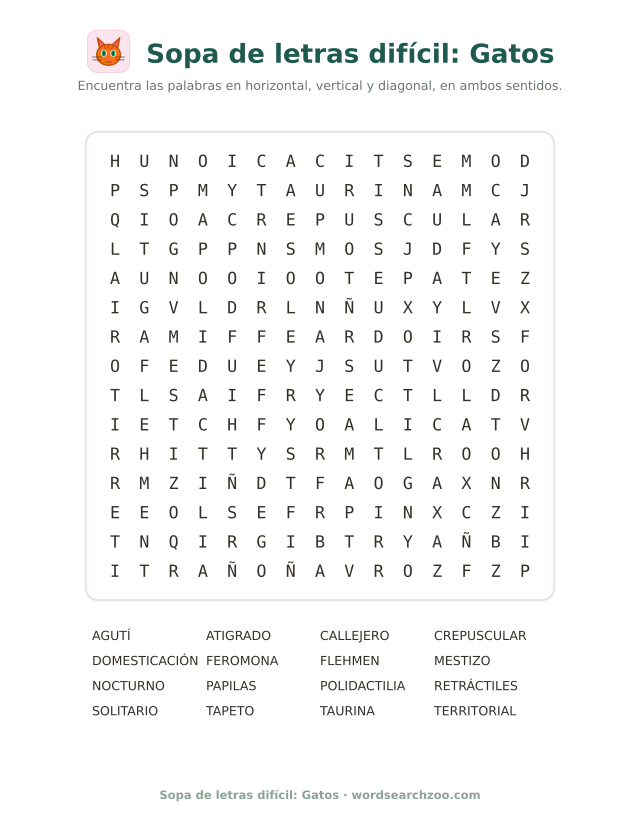 Sopa de letras difícil de gatos, tablero de 15x15 con crepuscular, feromona y polidactilia