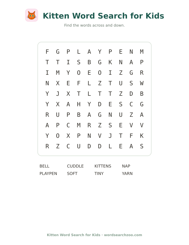 Easy kitten word search for kids, a 10x10 grid with kittens, cuddle and yarn