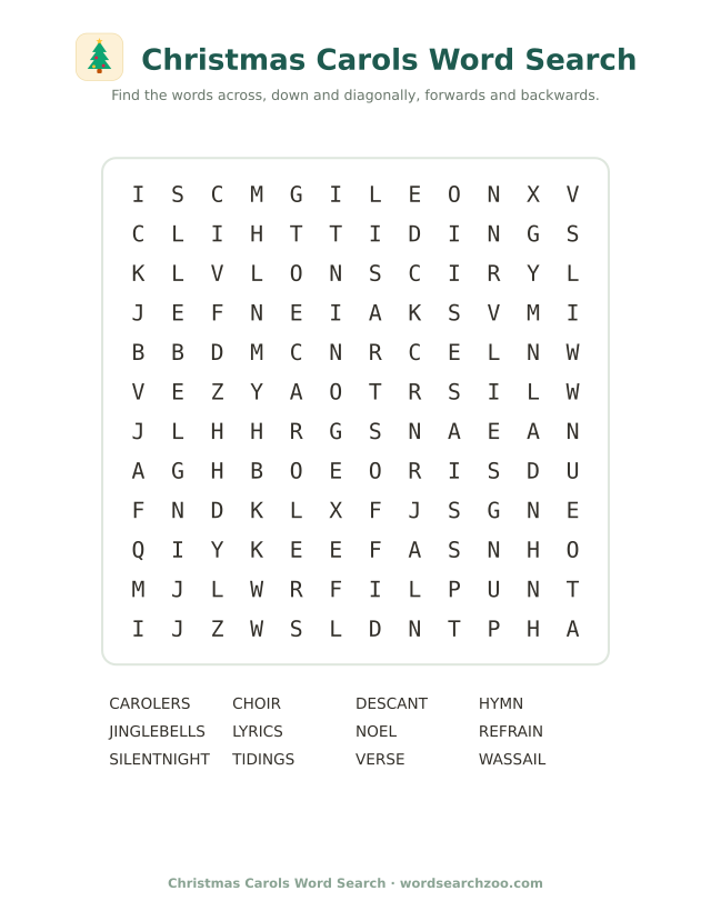 Christmas carols word search to print, a 12x12 grid with wassail, descant and refrain