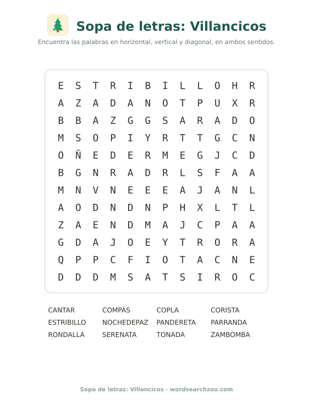 Sopa de letras de villancicos, tablero de 12x12 con zambomba, pandereta y estribillo