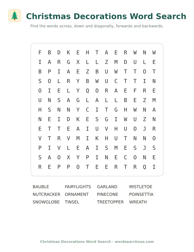 Christmas decorations word search to print, a 13x13 grid with tinsel, poinsettia and treetopper