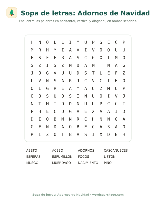Sopa de letras de adornos de Navidad, tablero de 13x13 con esferas, muérdago y nacimiento