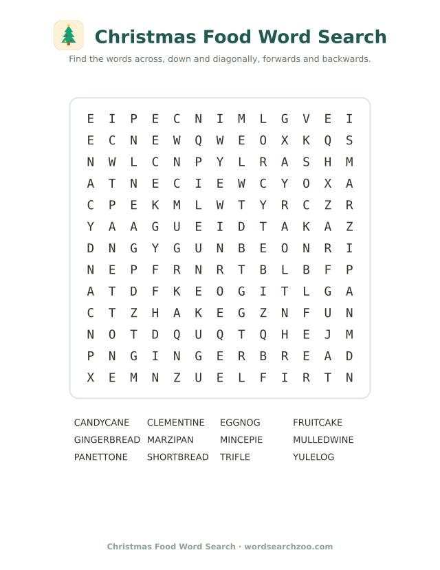 Christmas food word search to print, a 13x13 grid with gingerbread, panettone and mulled wine