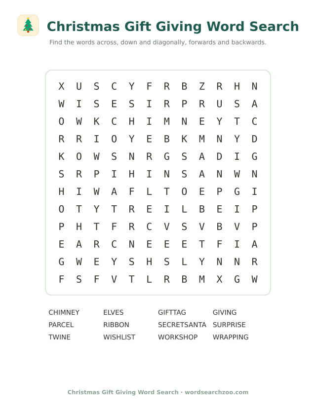 Christmas gift giving word search to print, a 12x12 grid with wrapping, secret santa and gift tag