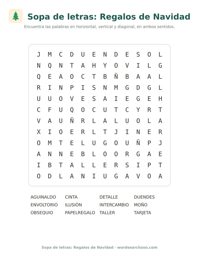 Sopa de letras de regalos de Navidad, tablero de 12x12 con envoltorio, aguinaldo e intercambio