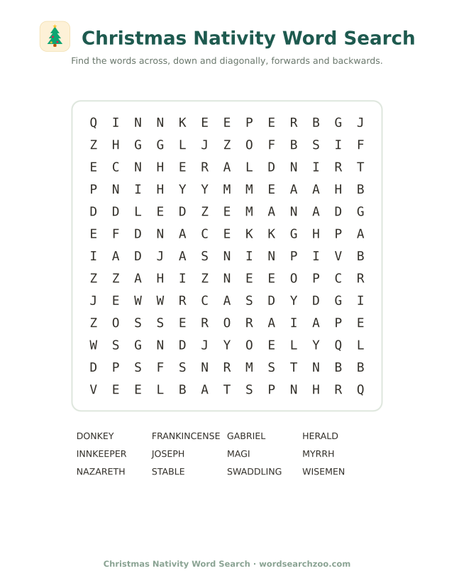 Christmas nativity word search to print, a 13x13 grid with frankincense, innkeeper and swaddling