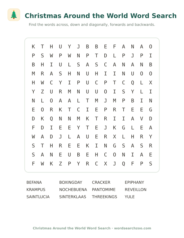 Christmas around the world word search to print, a 14x14 grid with Krampus, Befana and Sinterklaas