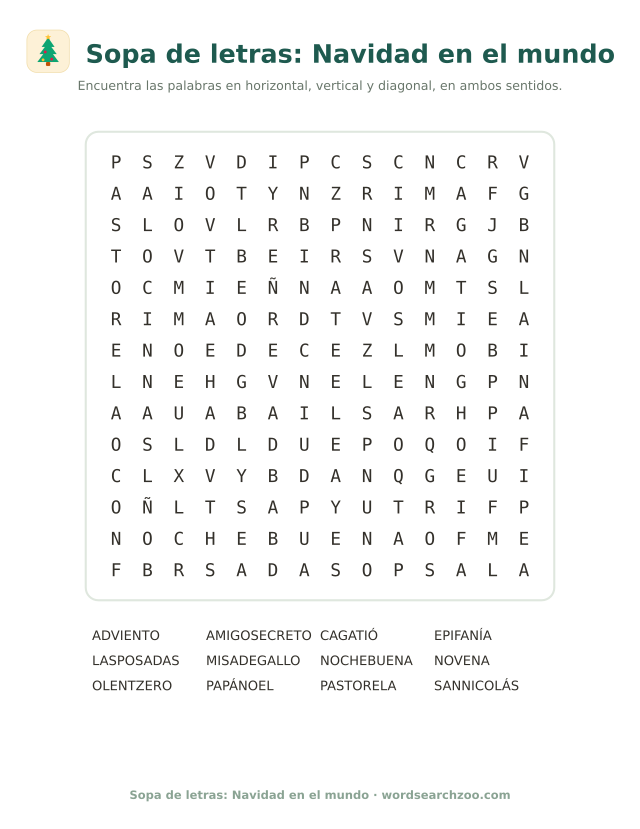 Sopa de letras de la Navidad en el mundo, tablero de 14x14 con Olentzero, cagatió y las posadas