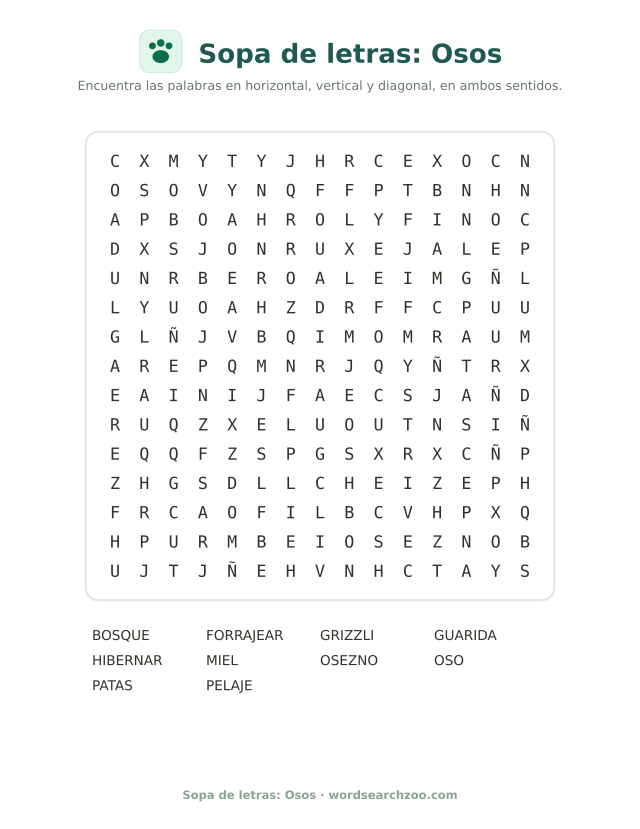 Sopa de letras: Osos