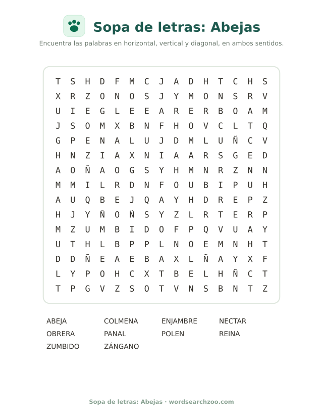 Sopa de letras: Abejas