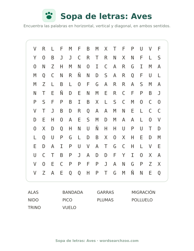 Sopa de letras: Aves